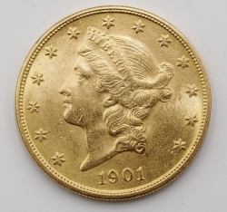Золотая монета "ГОЛОВА СВОБОДЫ" ОРЕЛ 20 долларов, 1901г. США